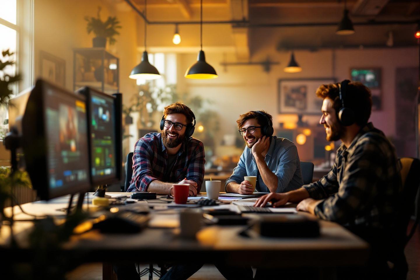 Trois coll&egrave;gues souriants dans un bureau moderne avec &eacute;crans