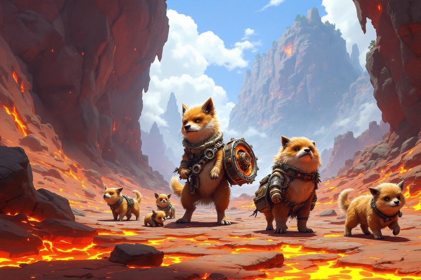 Renards anthropomorphiques en armure traversant un paysage volcanique