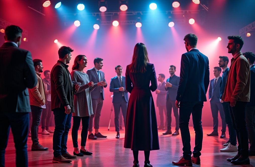 Groupe de personnes en tenue de soir&eacute;e conversant dans lumi&egrave;re rouge bleue