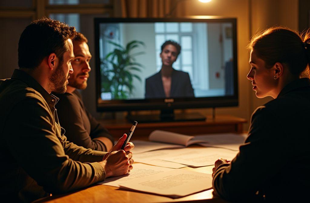 Trois personnes en r&eacute;union avec &eacute;cran montrant un participant distant