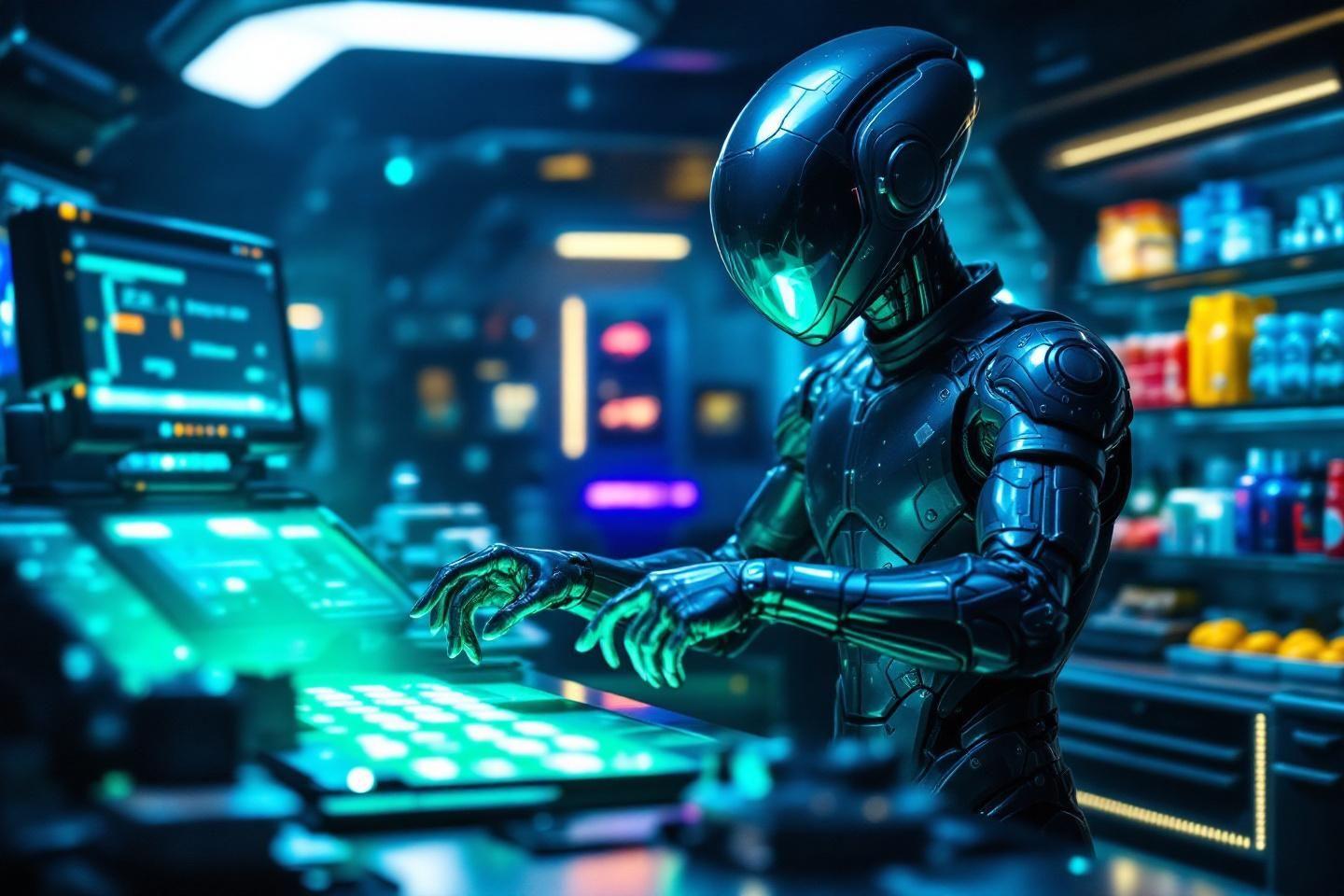 Robot bleu m&eacute;tallique travaillant sur interface num&eacute;rique high-tech