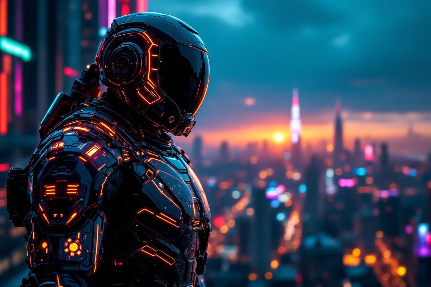 Robot futuriste avec armure illuminée surplombant une métropole néon