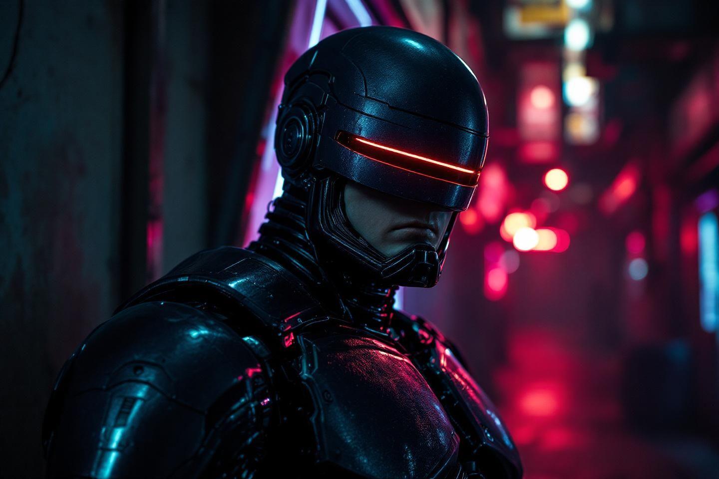 Cyborg noir avec visière rouge dans une rue sombre néon