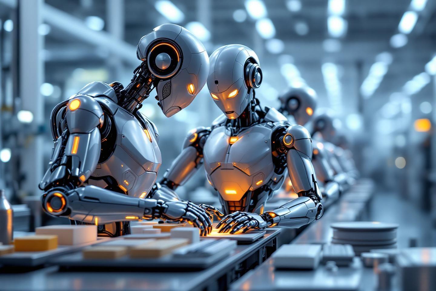 Robots argent&eacute;s travaillant ensemble dans une usine high-tech