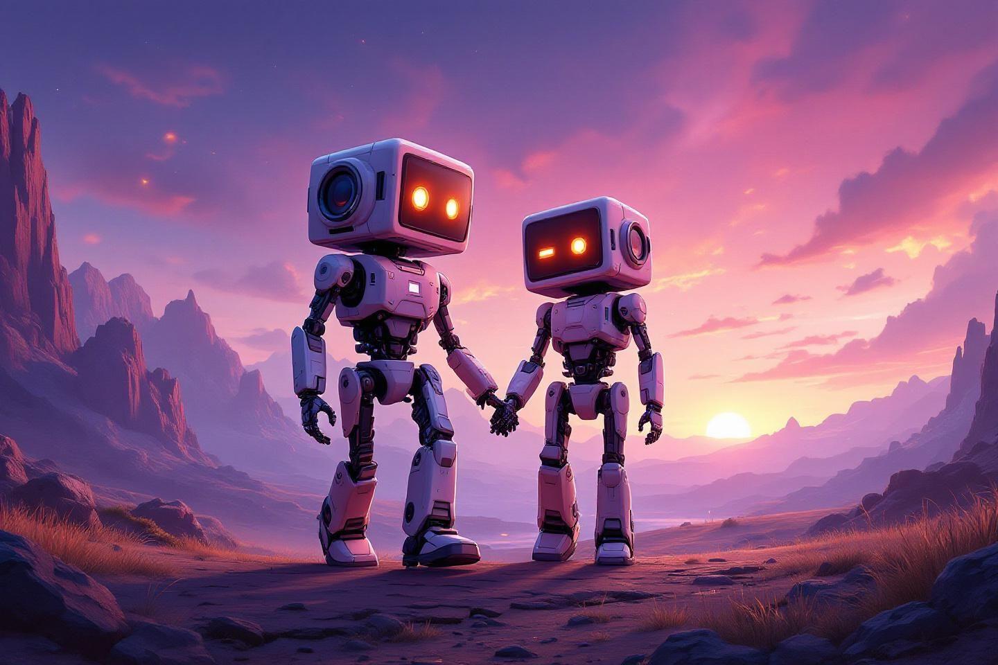 Deux robots se tenant la main dans un paysage violet