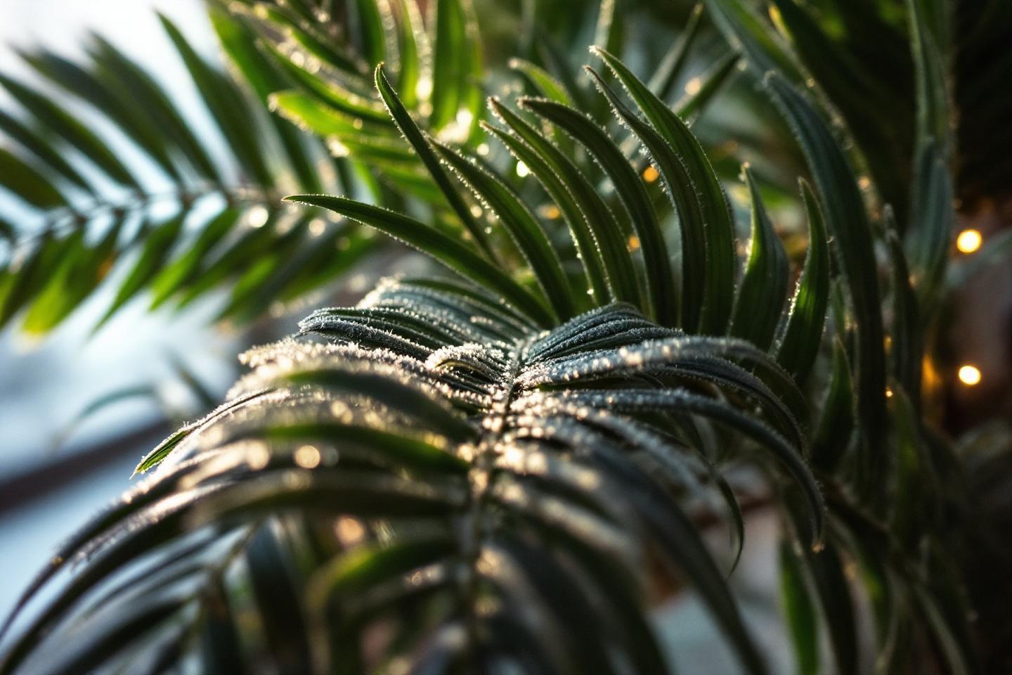 Gros plan de feuilles de palmier brillantes de ros&eacute;e matinale