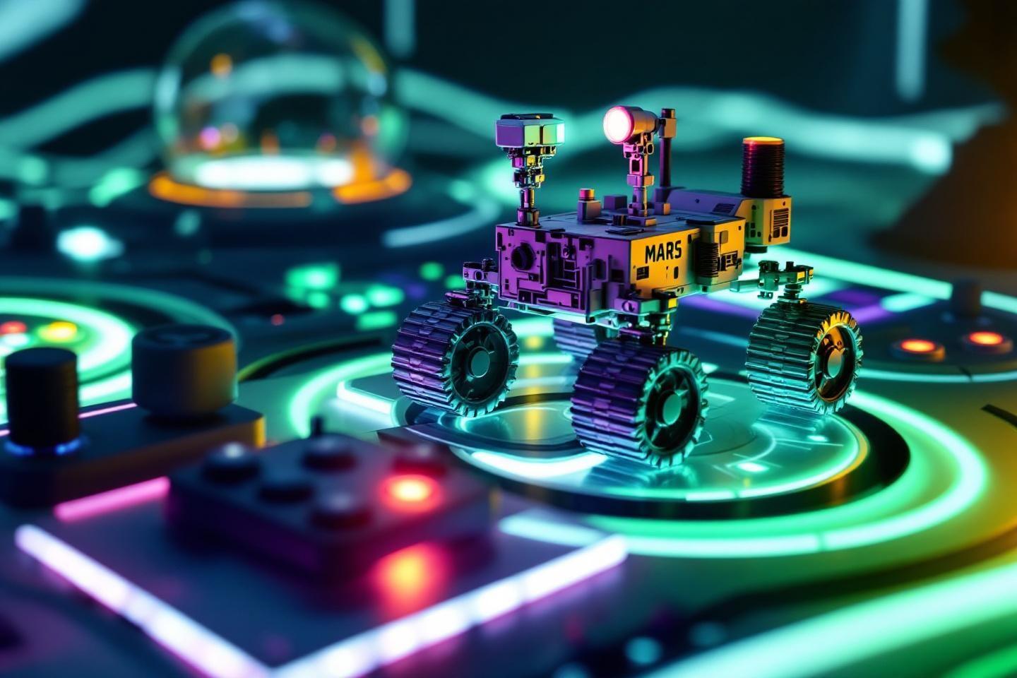 Robot martien miniature sur plateau lumineux techno color&eacute;