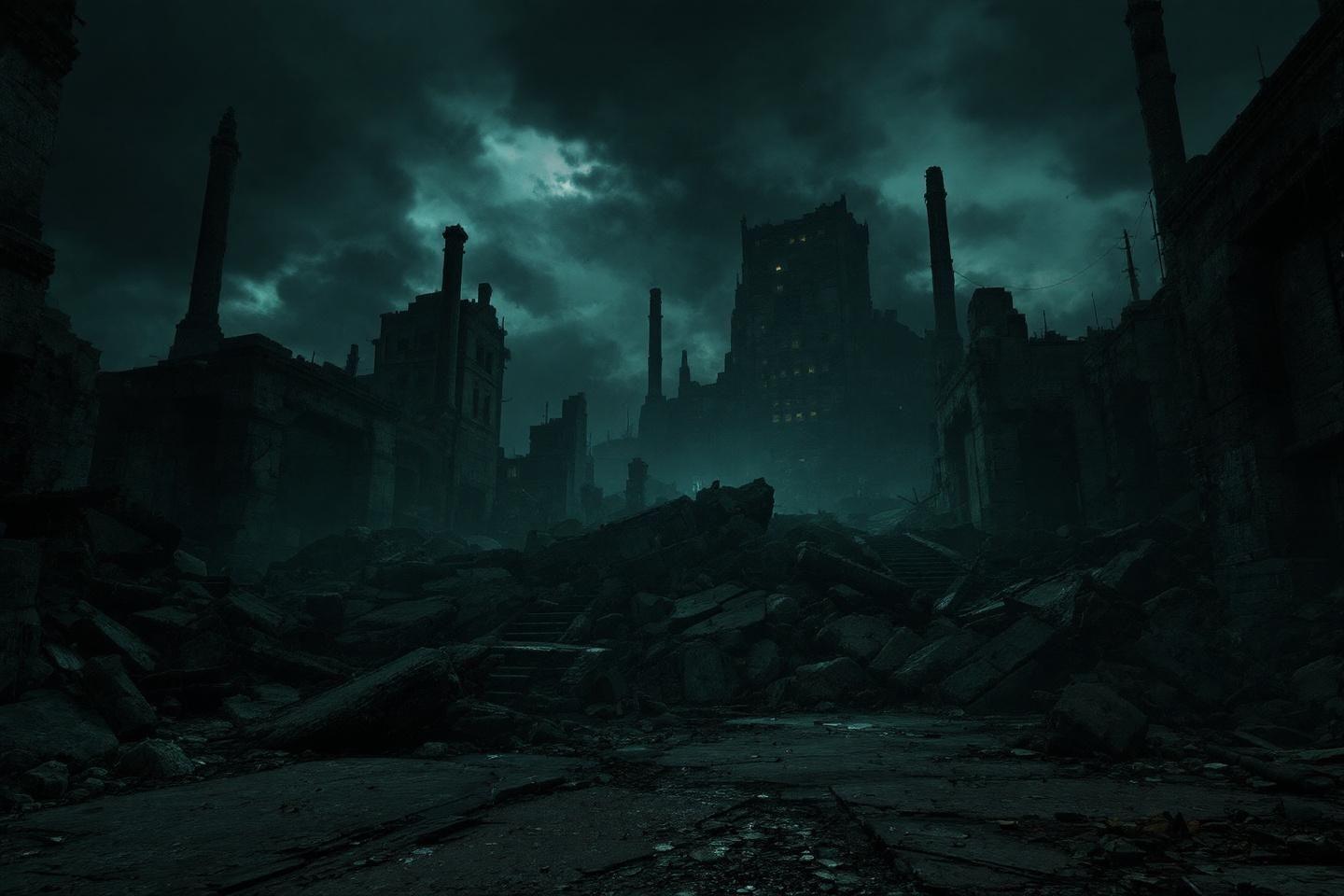 Décombres industriels sombres sous un ciel vert émeraude