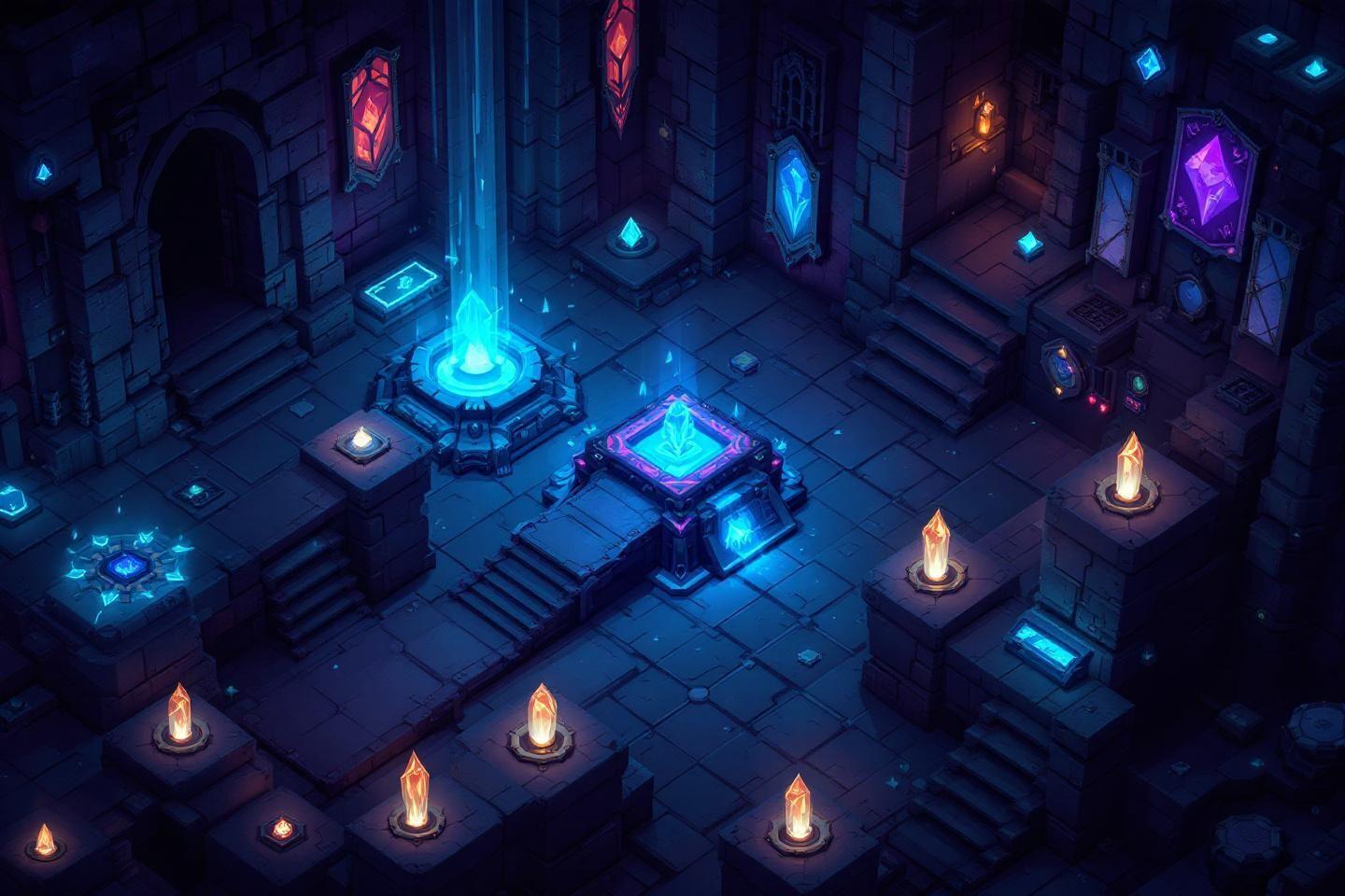 Espace souterrain sombre avec des cristaux lumineux et des bougies