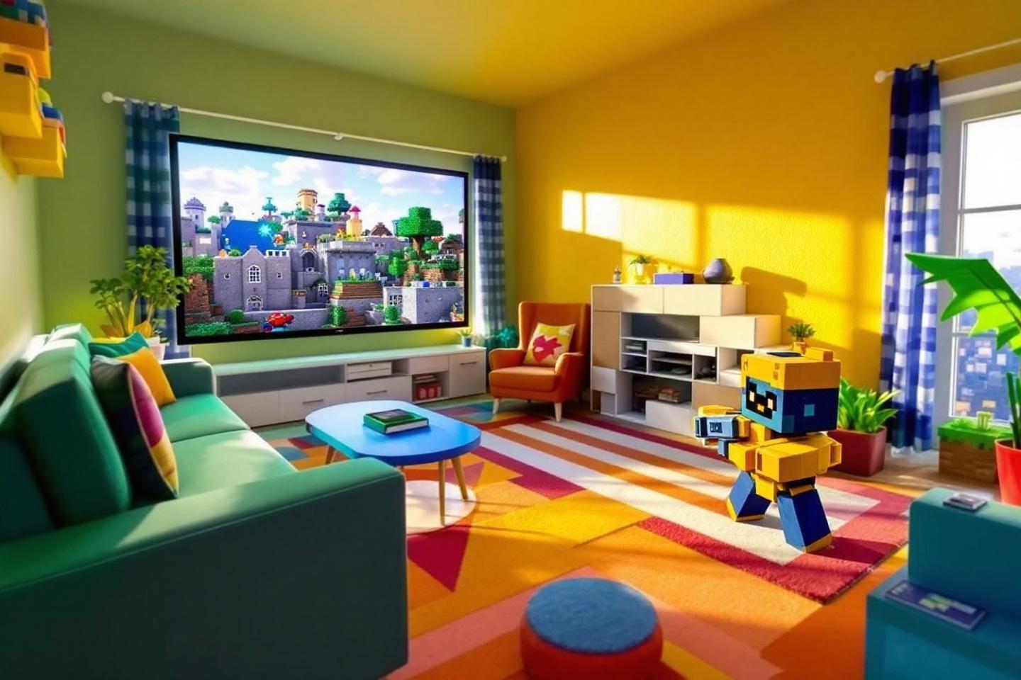 Salon lumineux avec &eacute;cran de jeu vid&eacute;o pixelis&eacute; et jouets