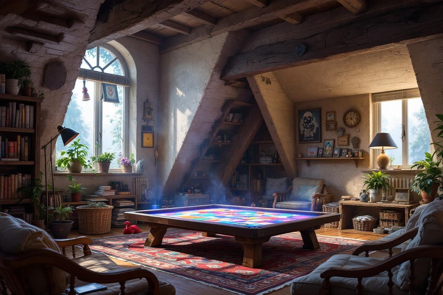 Intérieur chaleureux avec table illuminée et rayons de soleil