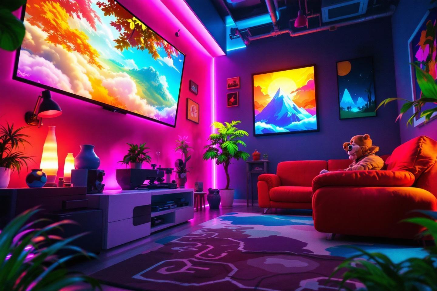 Intérieur lumineux avec écrans colorés et plantes vertes