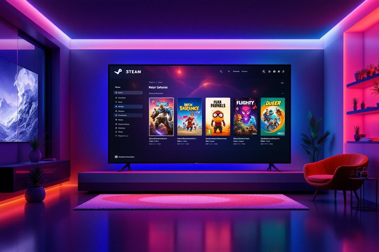 Intérieur moderne avec télévision Steam, lumières colorées et jeux