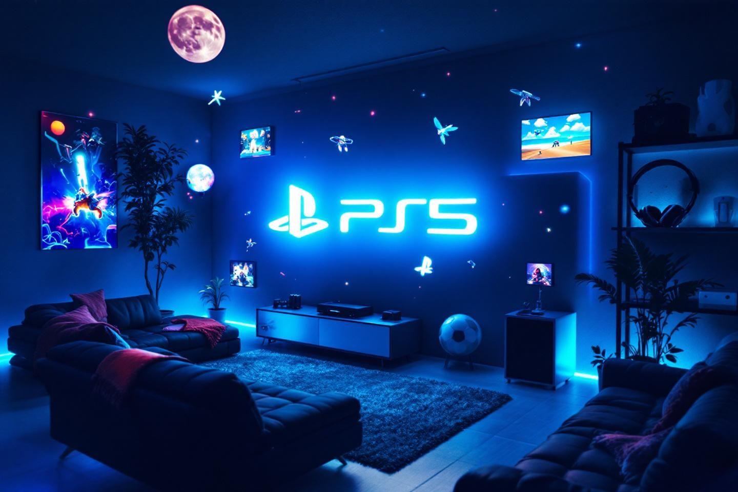 Chambre bleue avec logo PS5 et écrans de jeux lumineux