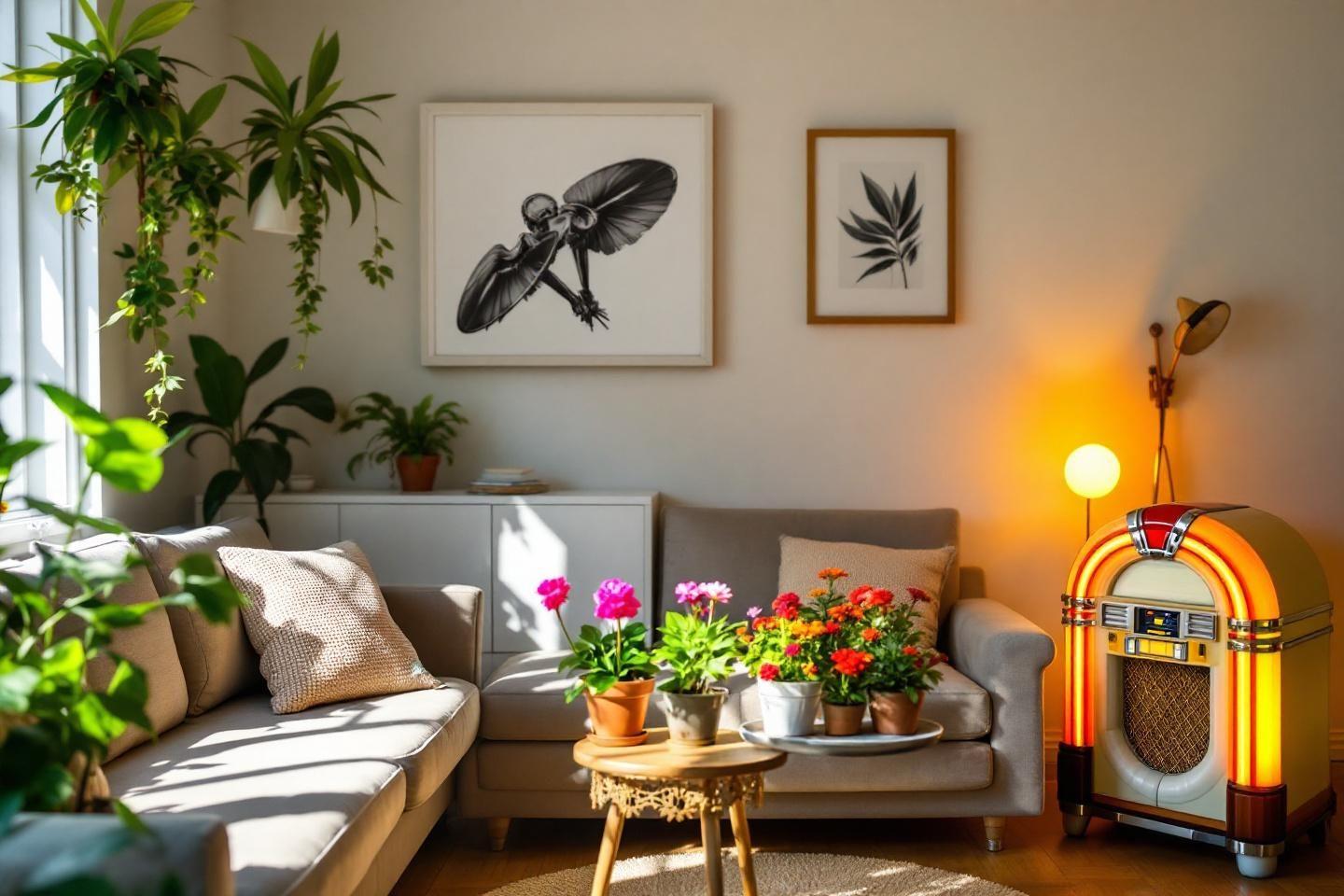Int&eacute;rieur cosy avec canap&eacute;, plantes vertes, art mural et jukebox vintage