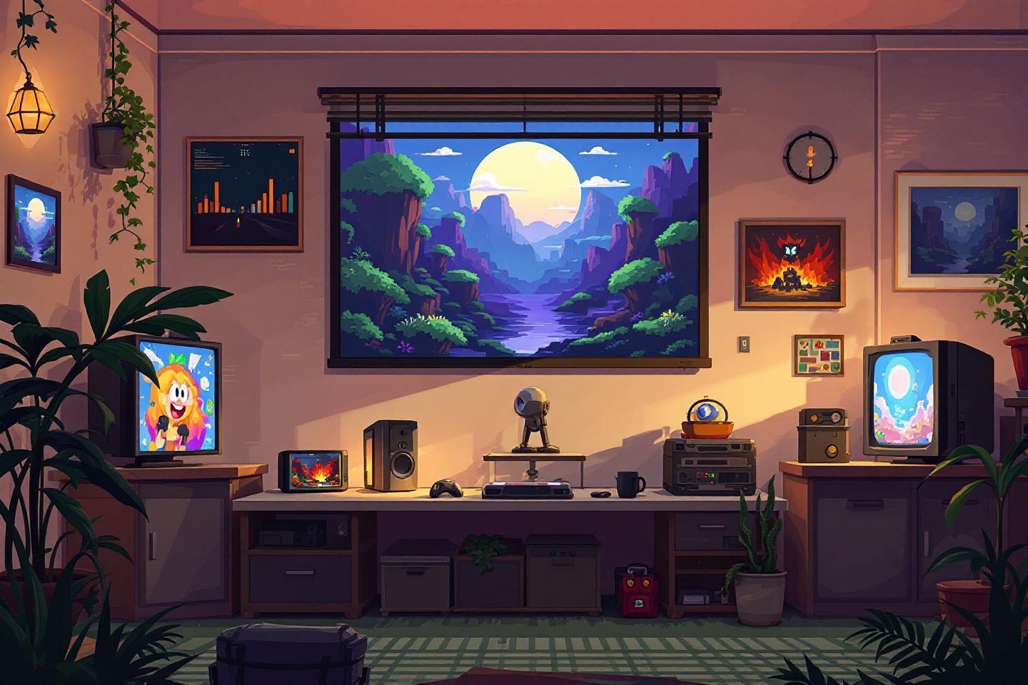 Int&eacute;rieur chaleureux avec &eacute;crans, plantes et vue nocturne paisible