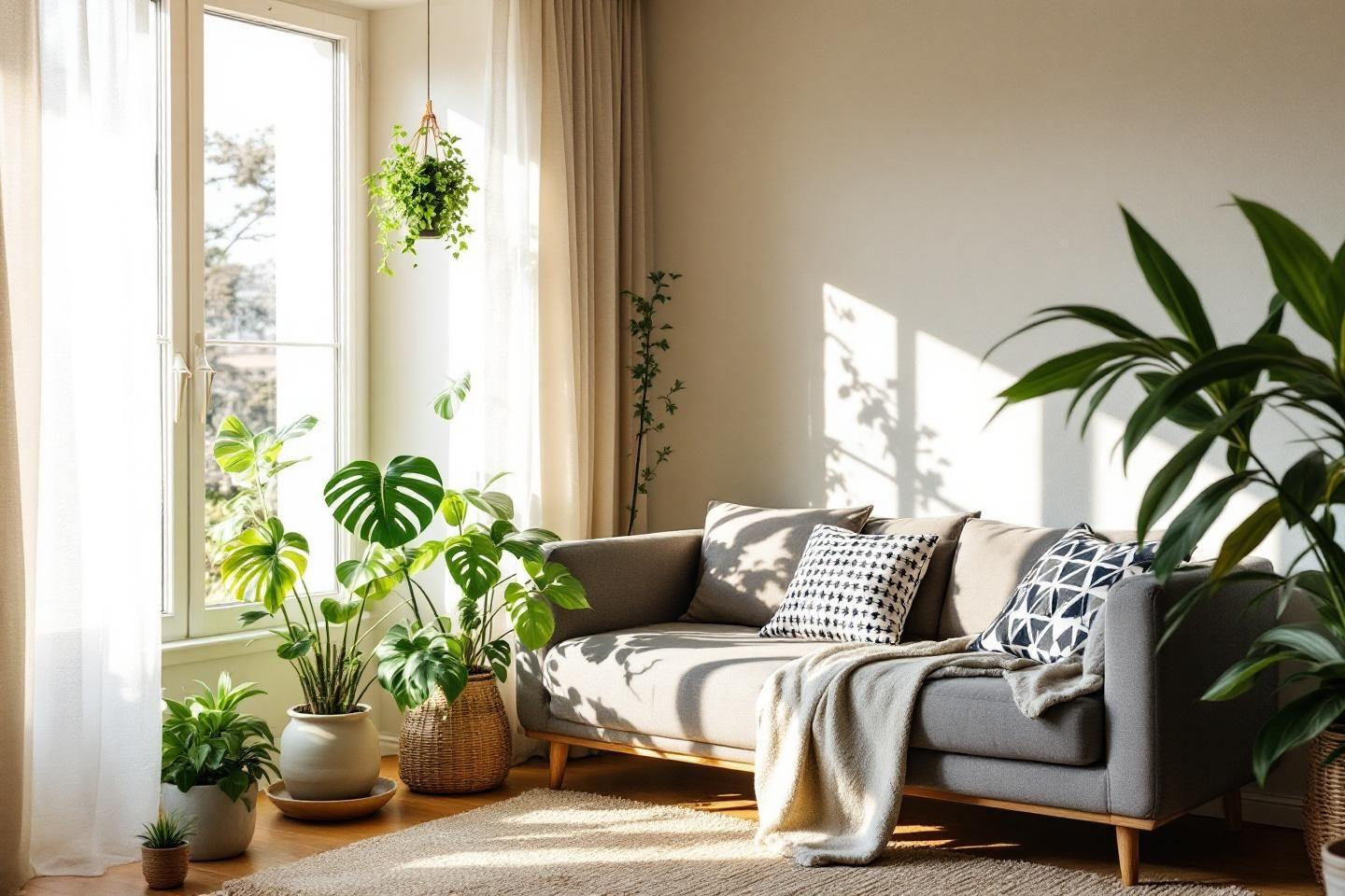 Canap&eacute; gris avec plantes vertes pr&egrave;s d'une grande fen&ecirc;tre ensoleill&eacute;e