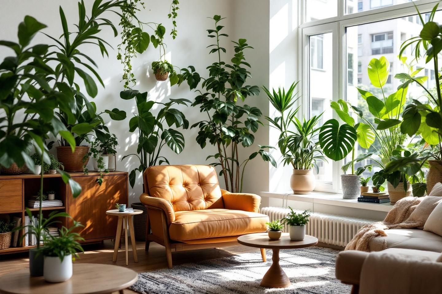Intérieur lumineux avec plantes luxuriantes et fauteuil confortable
