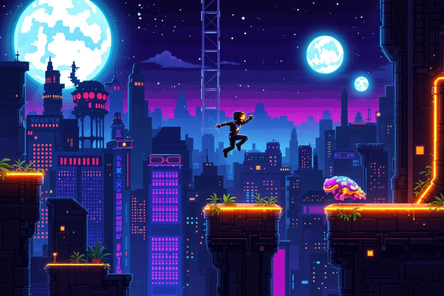 Personnage sautant entre des plateformes dans une ville cyberpunk néon