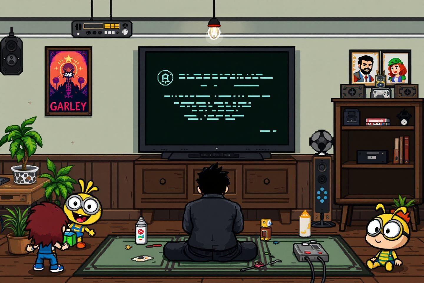Chambre avec personnages, &eacute;cran noir et consoles vintage