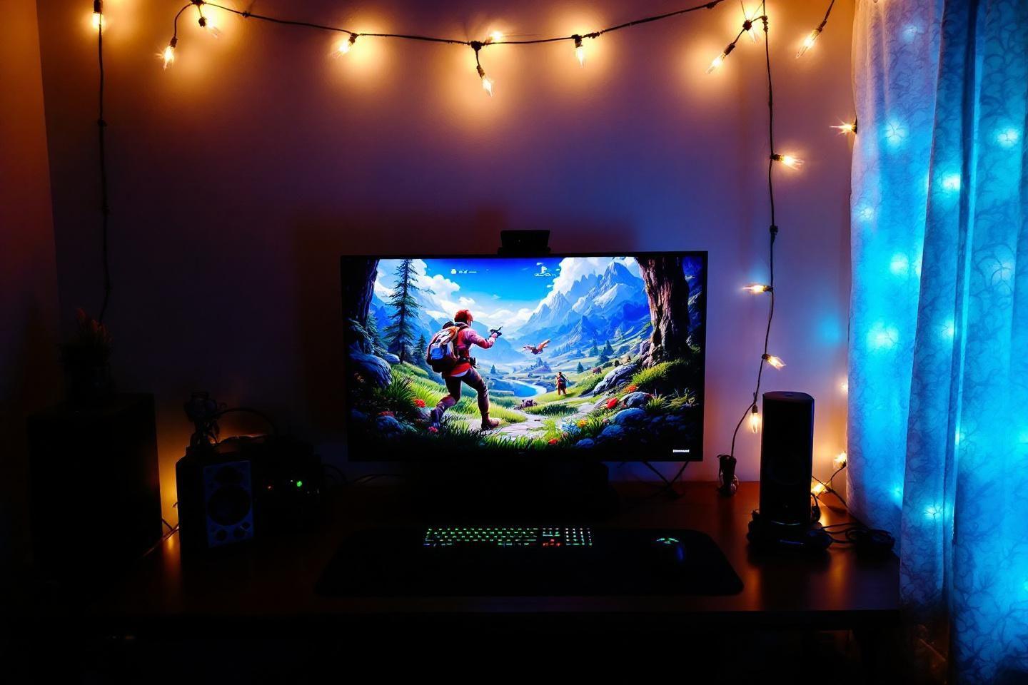 Écran de jeu illuminé par des guirlandes lumineuses colorées