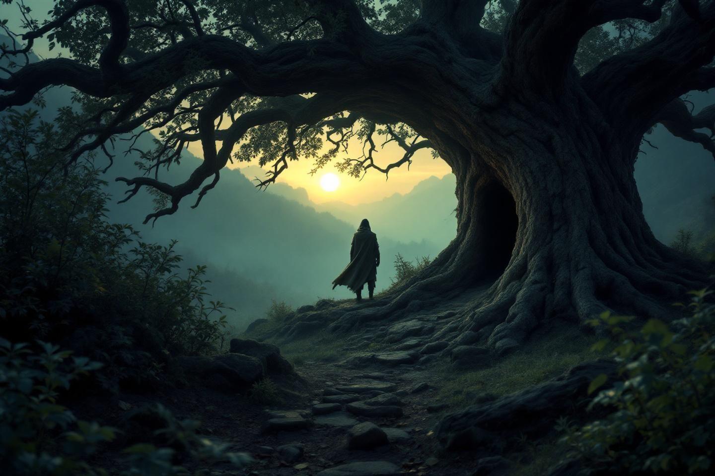 Personnage solitaire pr&egrave;s d'un grand arbre &agrave; l'aube brumeuse