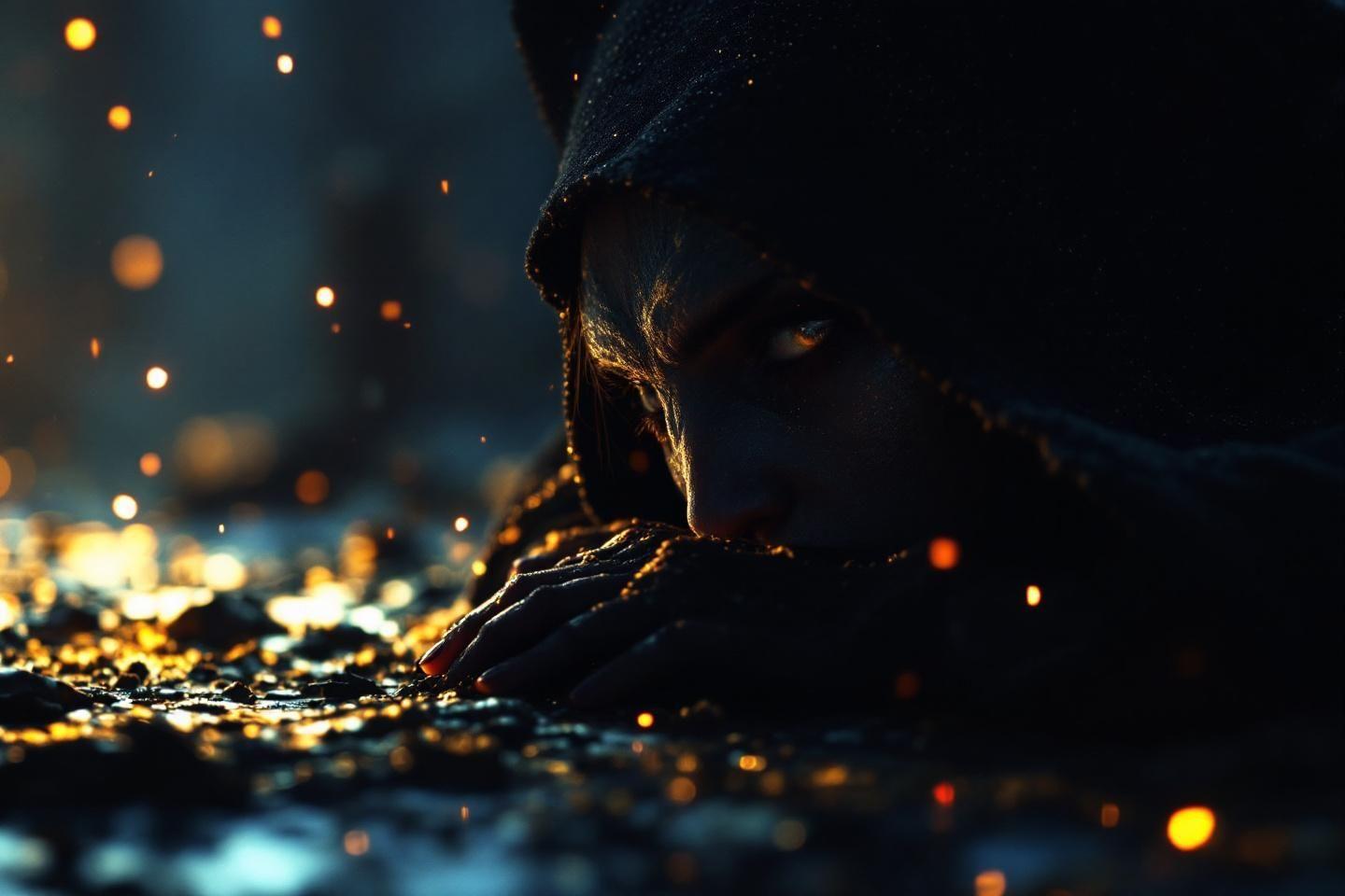 Profil sombre avec des particules lumineuses et des reflets dor&eacute;s