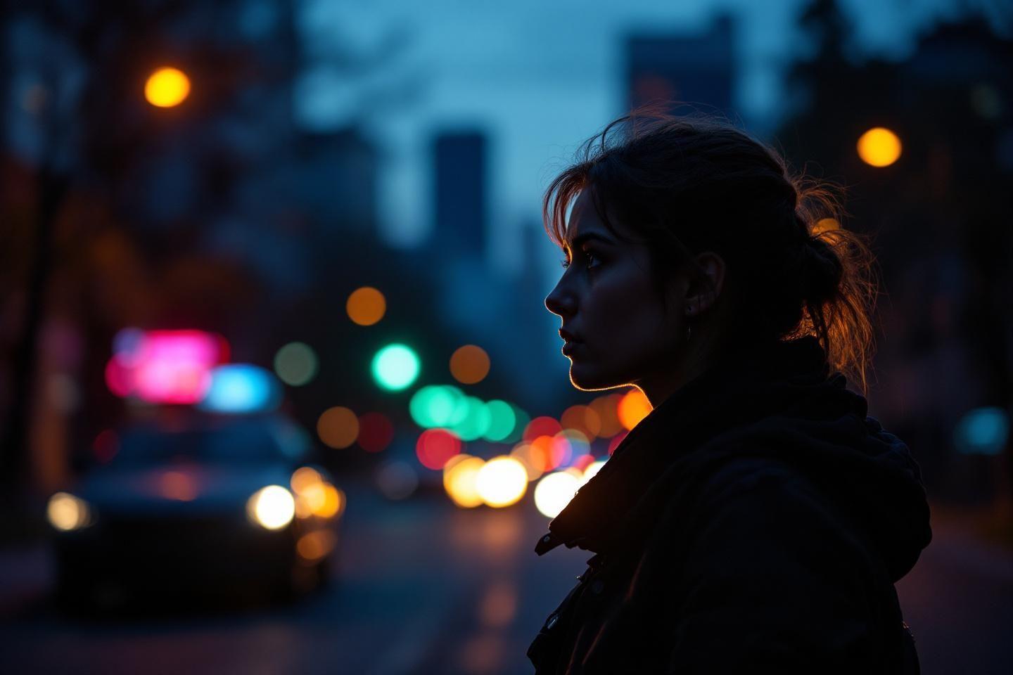 Profil sombre d'une personne devant des lumières urbaines colorées