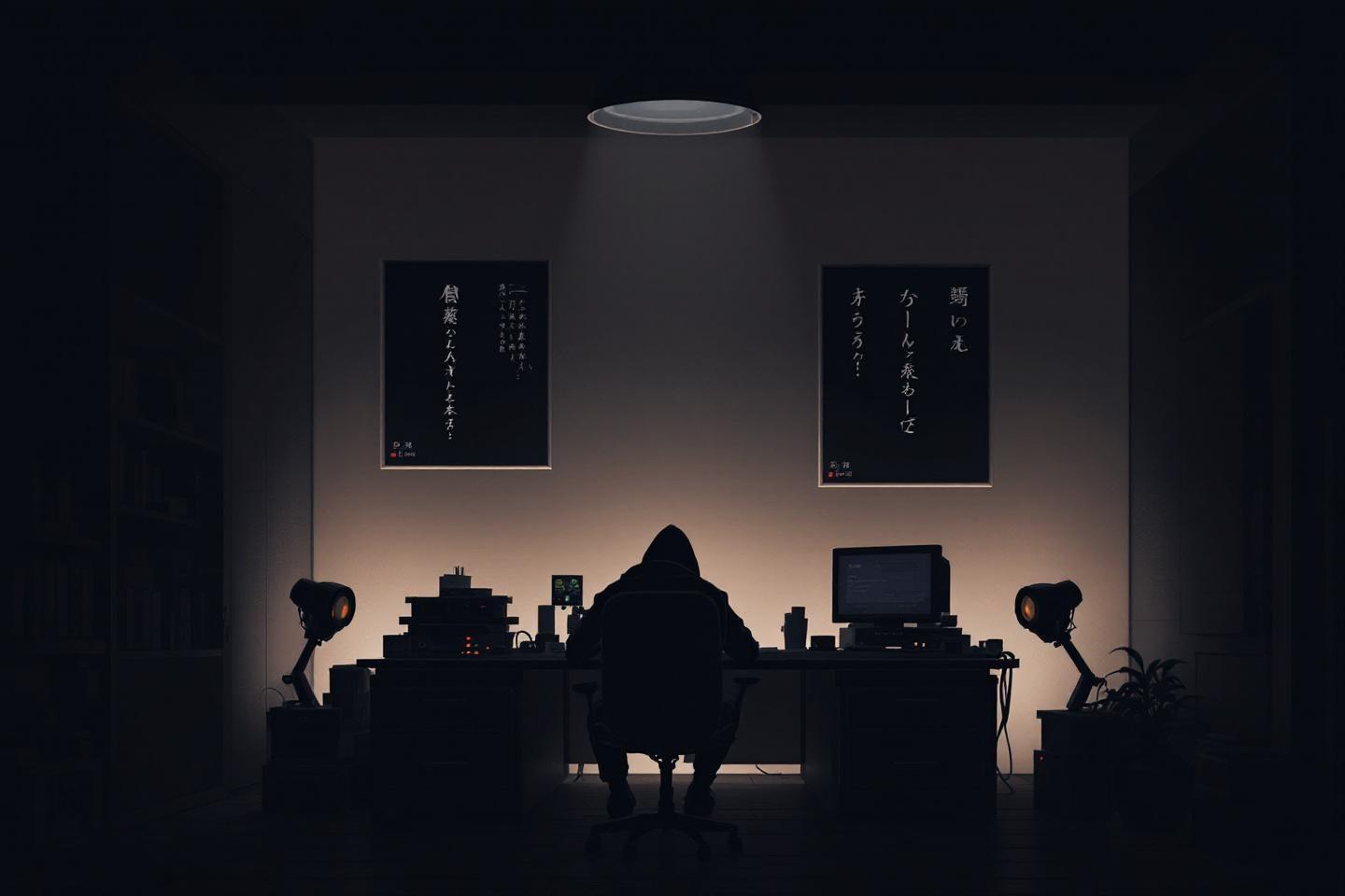 Personne silhouett&eacute;e devant des &eacute;crans dans un bureau sombre