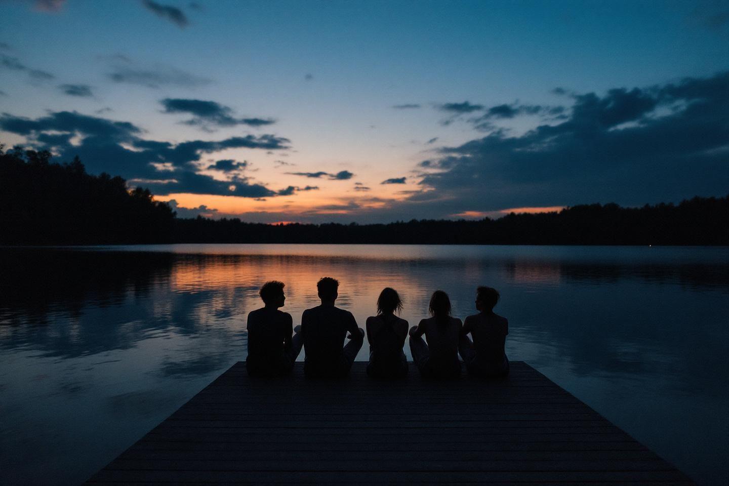 Cinq personnes dos &agrave; l'objectif, regardant un lac au coucher du soleil