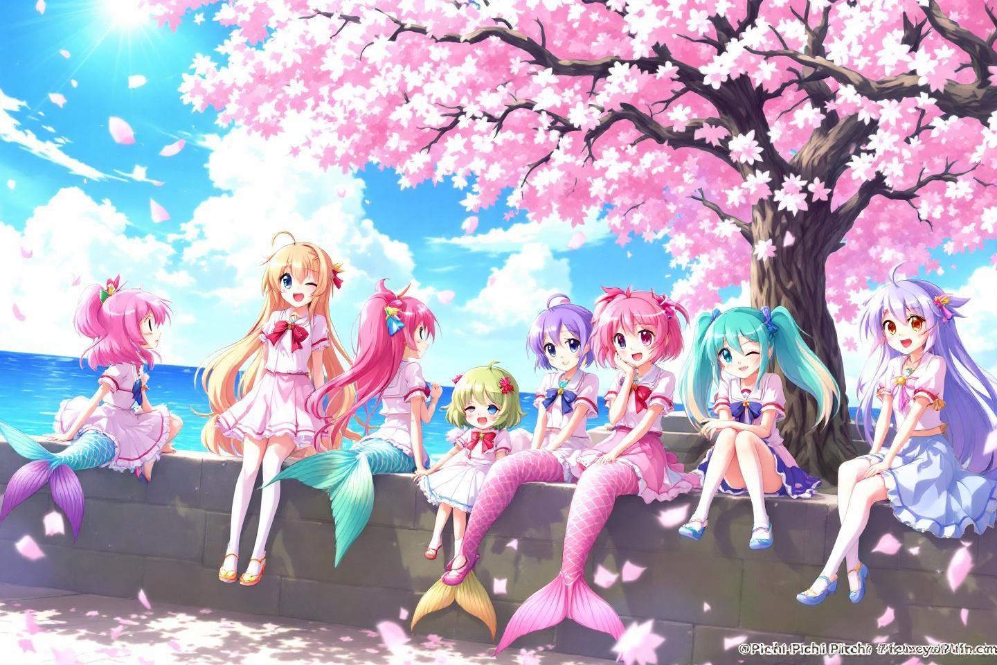 Groupe de sirènes colorées assises près de la mer sous un cerisier