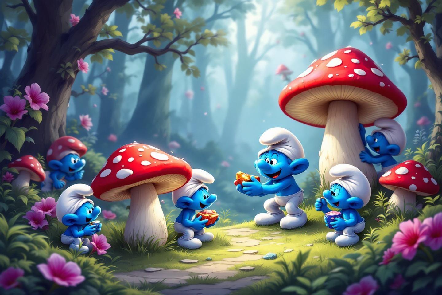 Petites créatures bleues autour de champignons rouges en forêt