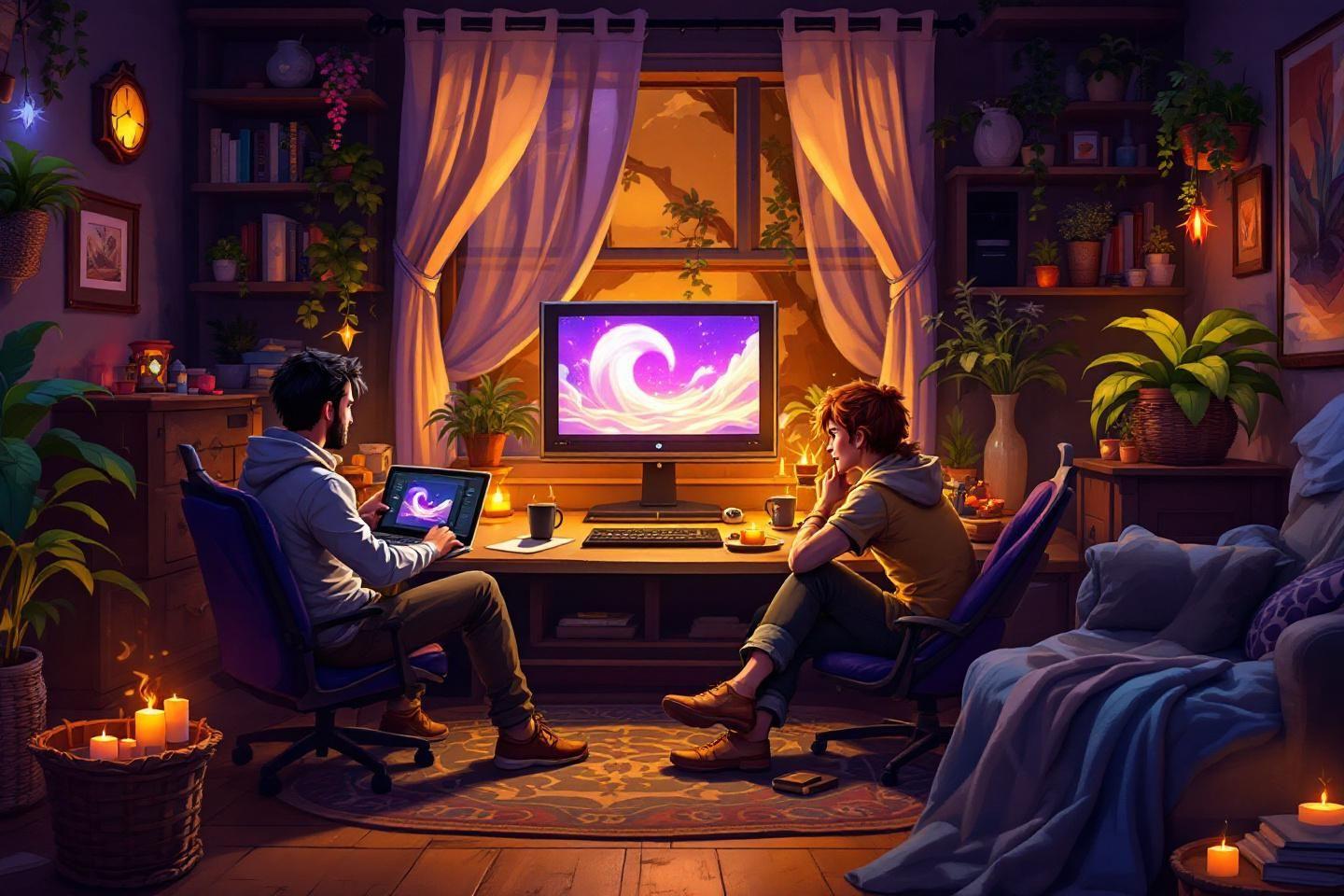 Deux personnes travaillant sur des &eacute;crans dans un int&eacute;rieur chaleureux