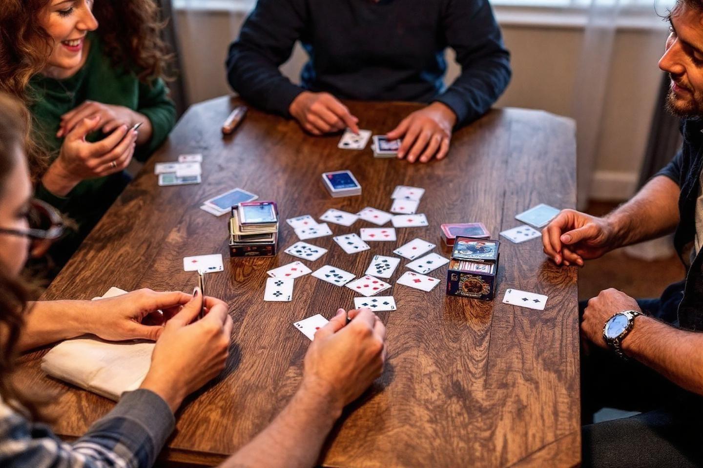 Joueurs autour d'une table en bois jouant aux cartes