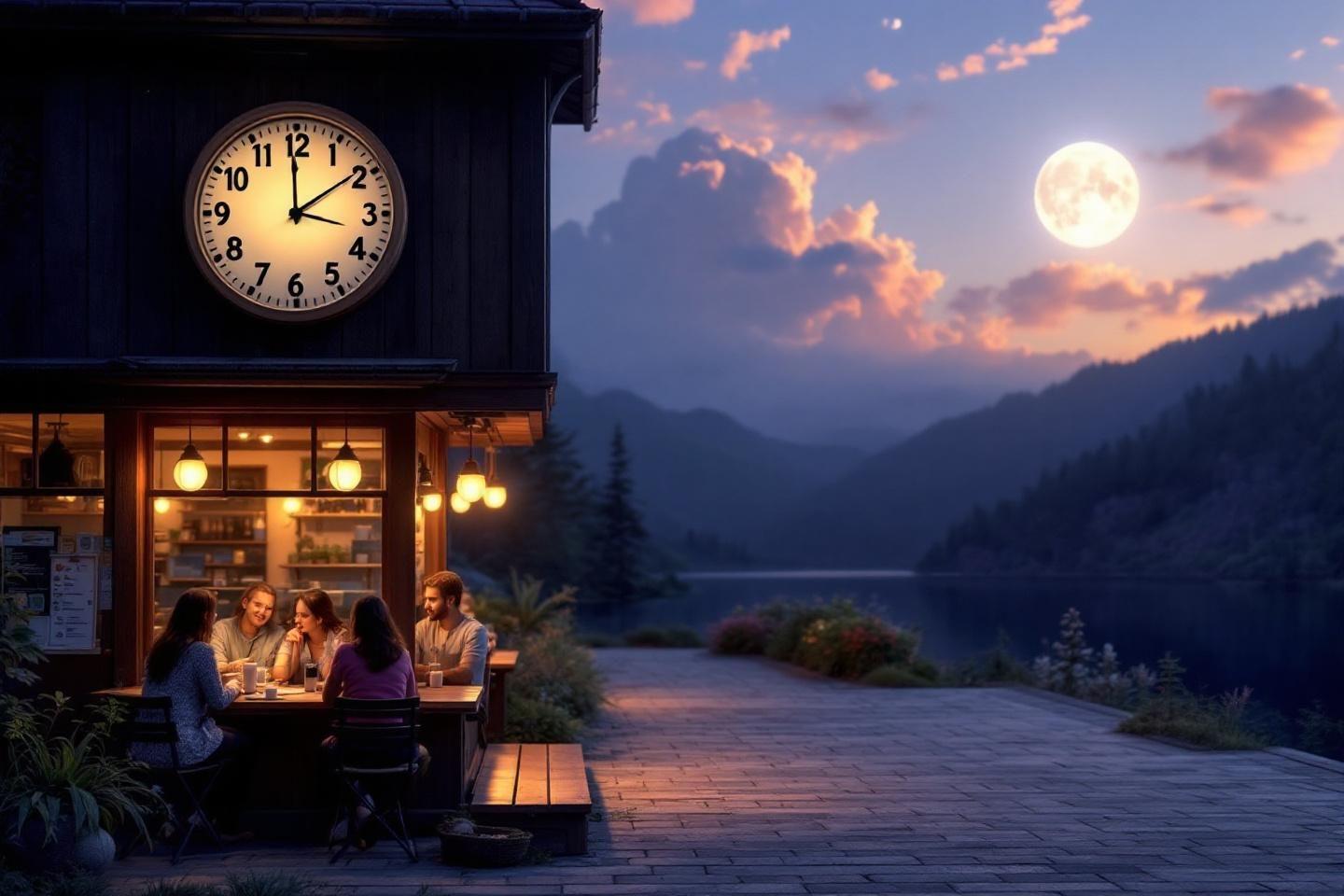 Caf&eacute; de montagne avec terrasse, horloge et pleine lune