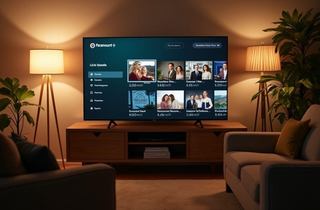 &Eacute;cran de t&eacute;l&eacute;vision affichant le menu de Paramount+ dans un salon chaleureux