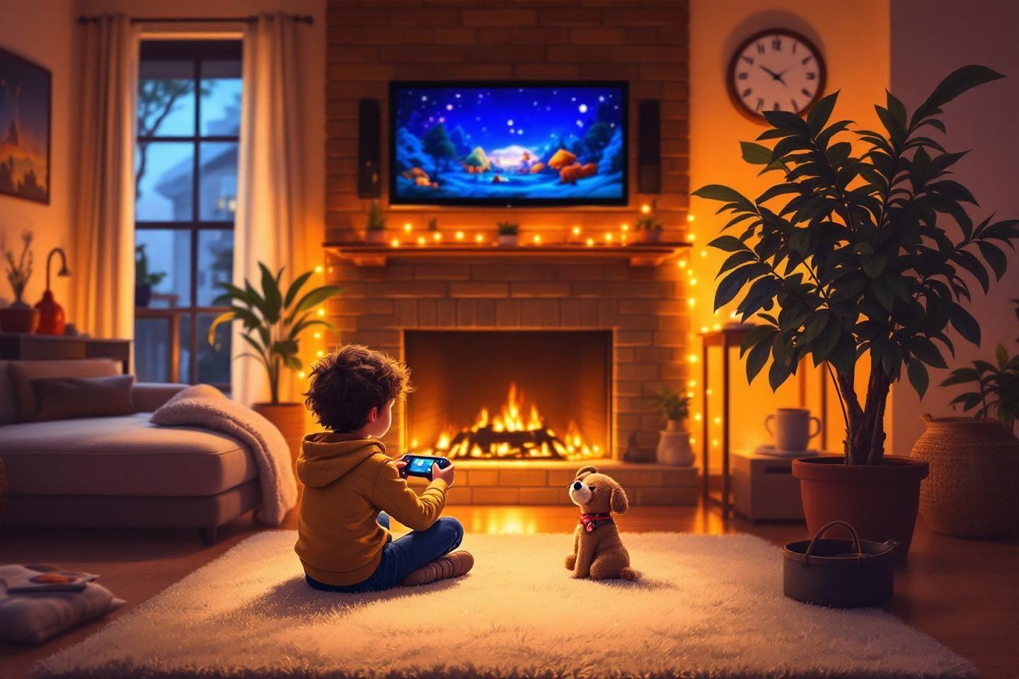 Enfant jouant avec une console près d'un chien et d'un feu