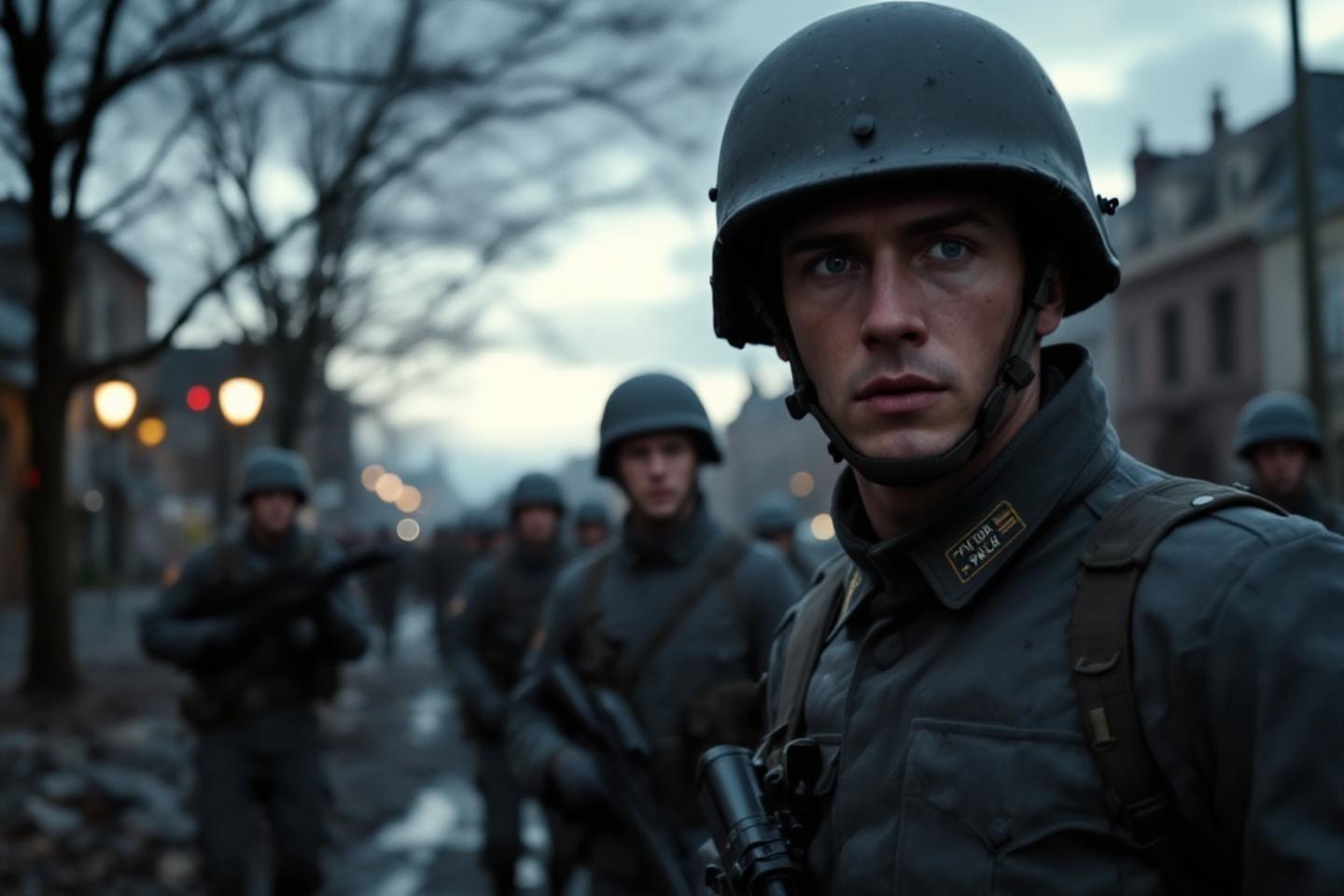 Militaires casqu&eacute;s dans rue sombre, ambiance tensive