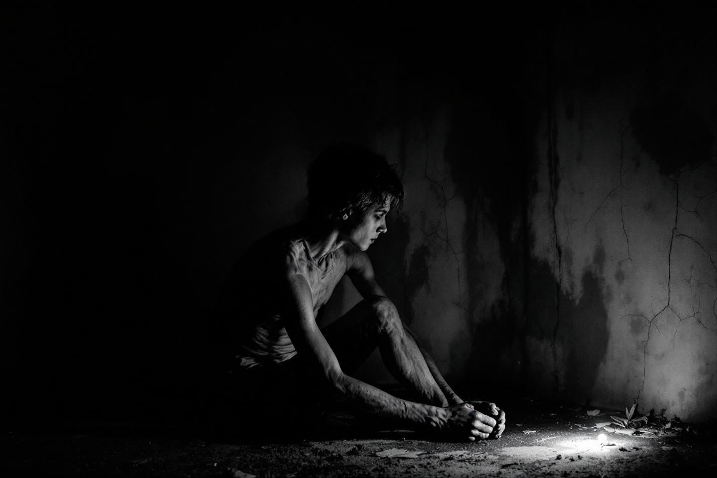 Silhouette recroquevill&eacute;e dans un coin sombre et d&eacute;labr&eacute;