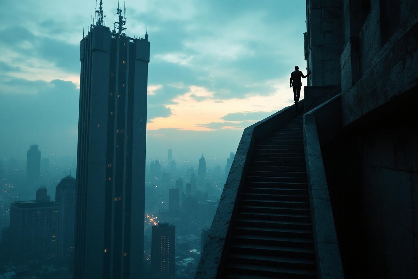 Silhouette solitaire sur un escalier dominant une ville brumeuse