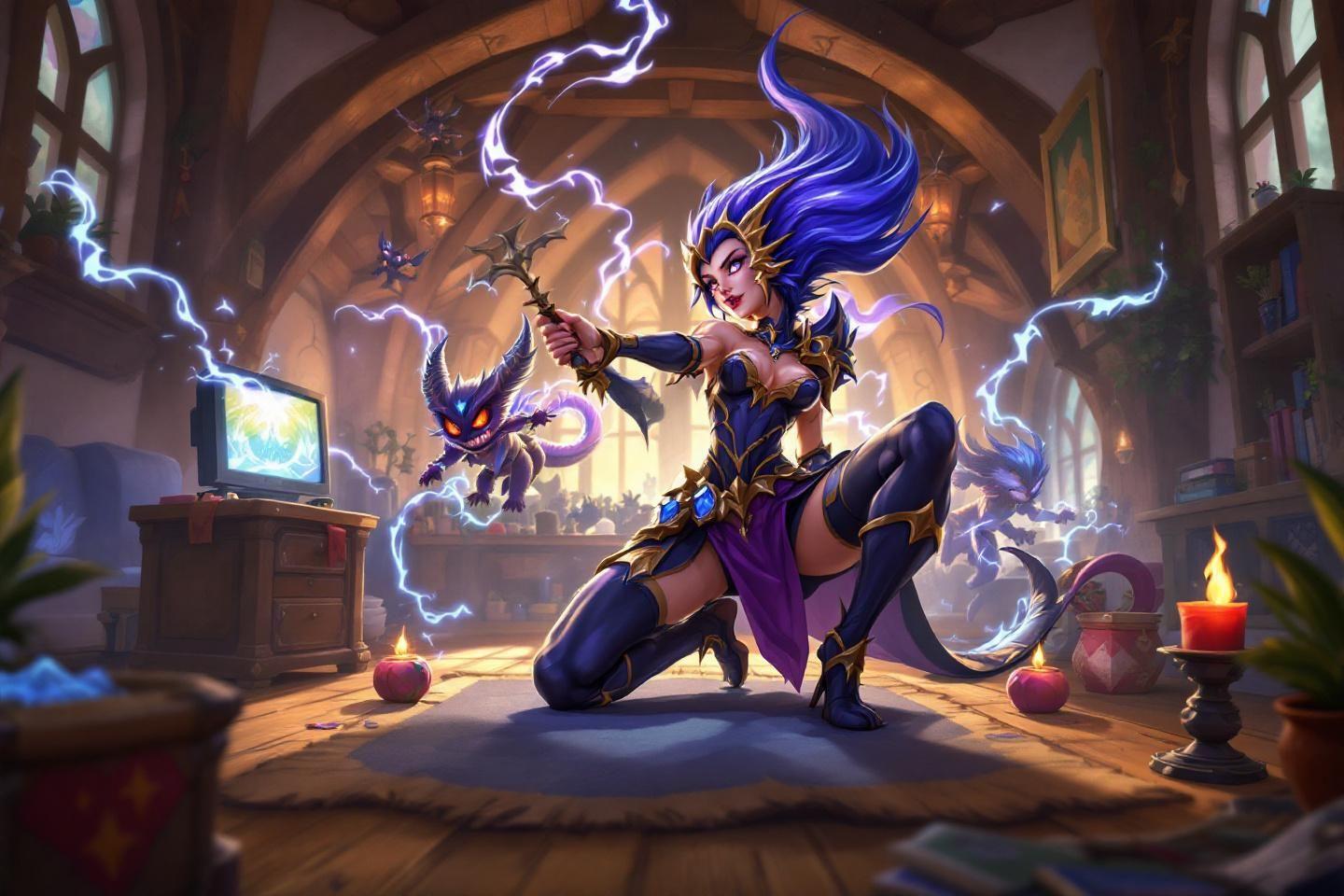 Femme magicienne aux cheveux bleus invoquant la foudre