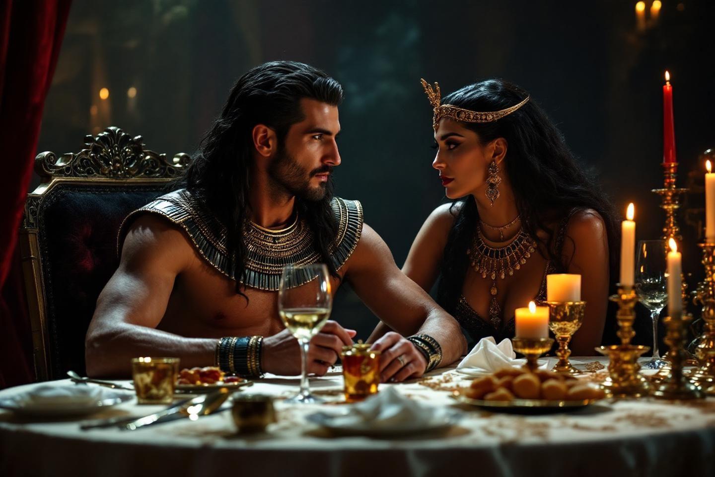 Couple royal &eacute;l&eacute;gant &agrave; table, bougies et vaisselle d'or