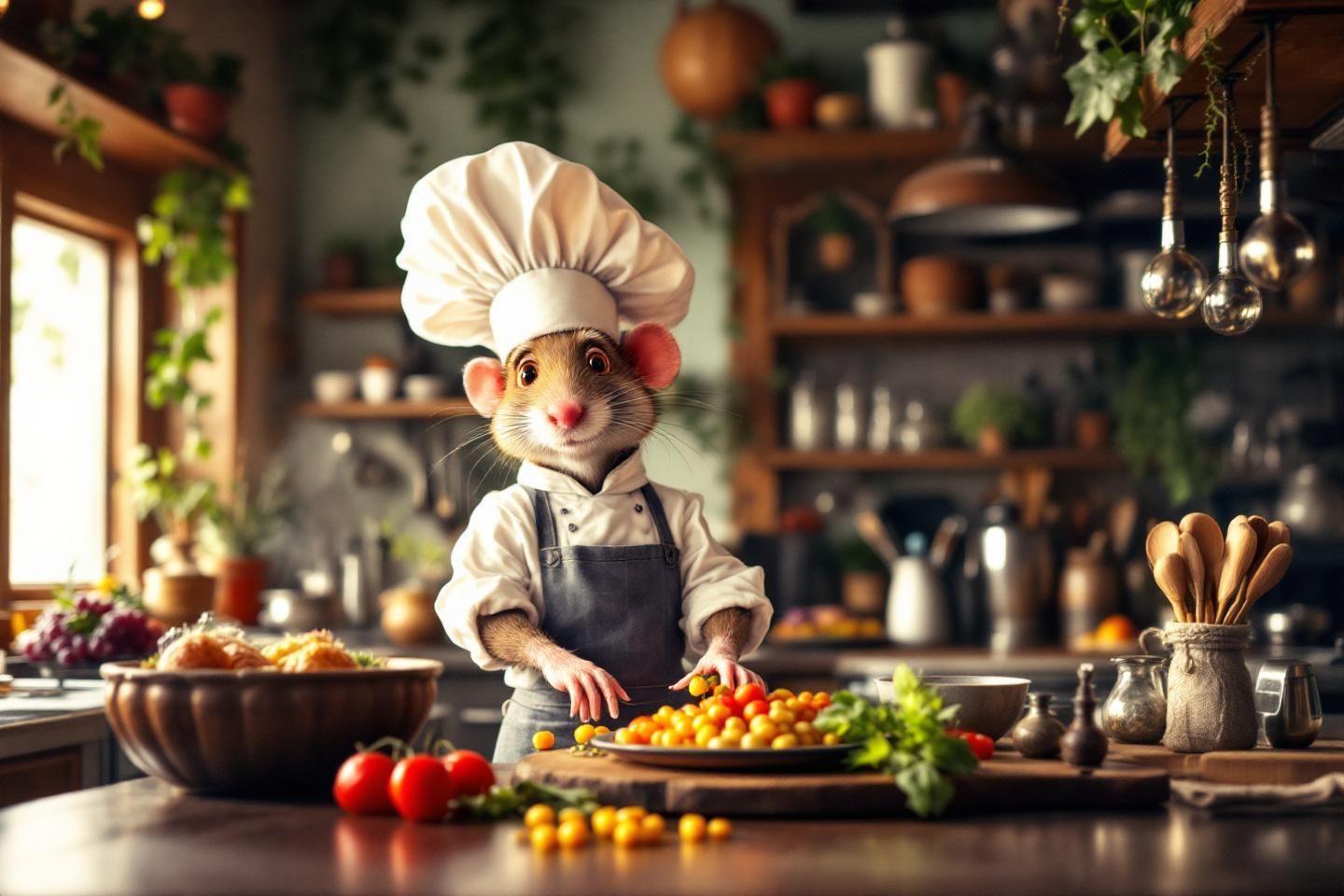Petite souris cuisini&egrave;re portant un chapeau blanc et un tablier