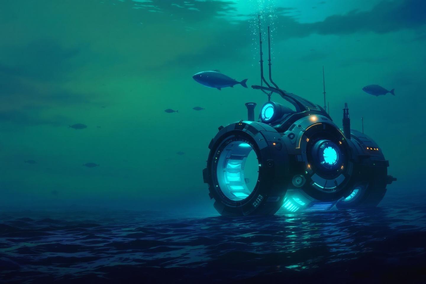 Engin sous-marin technologique bleu brillant avec poissons