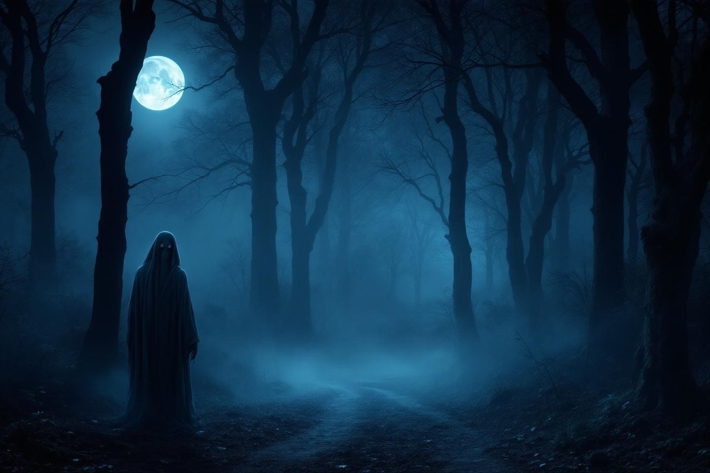 Silhouette sombre pr&egrave;s d'arbres sous une lune bleue effrayante