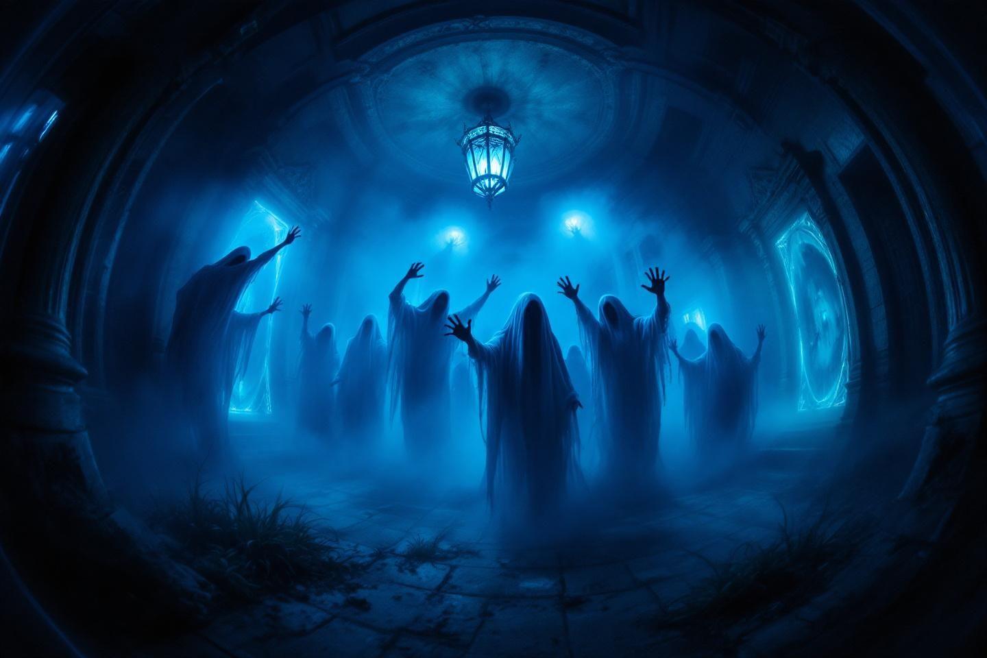 Silhouettes spectrales levant les bras dans un tunnel bleu