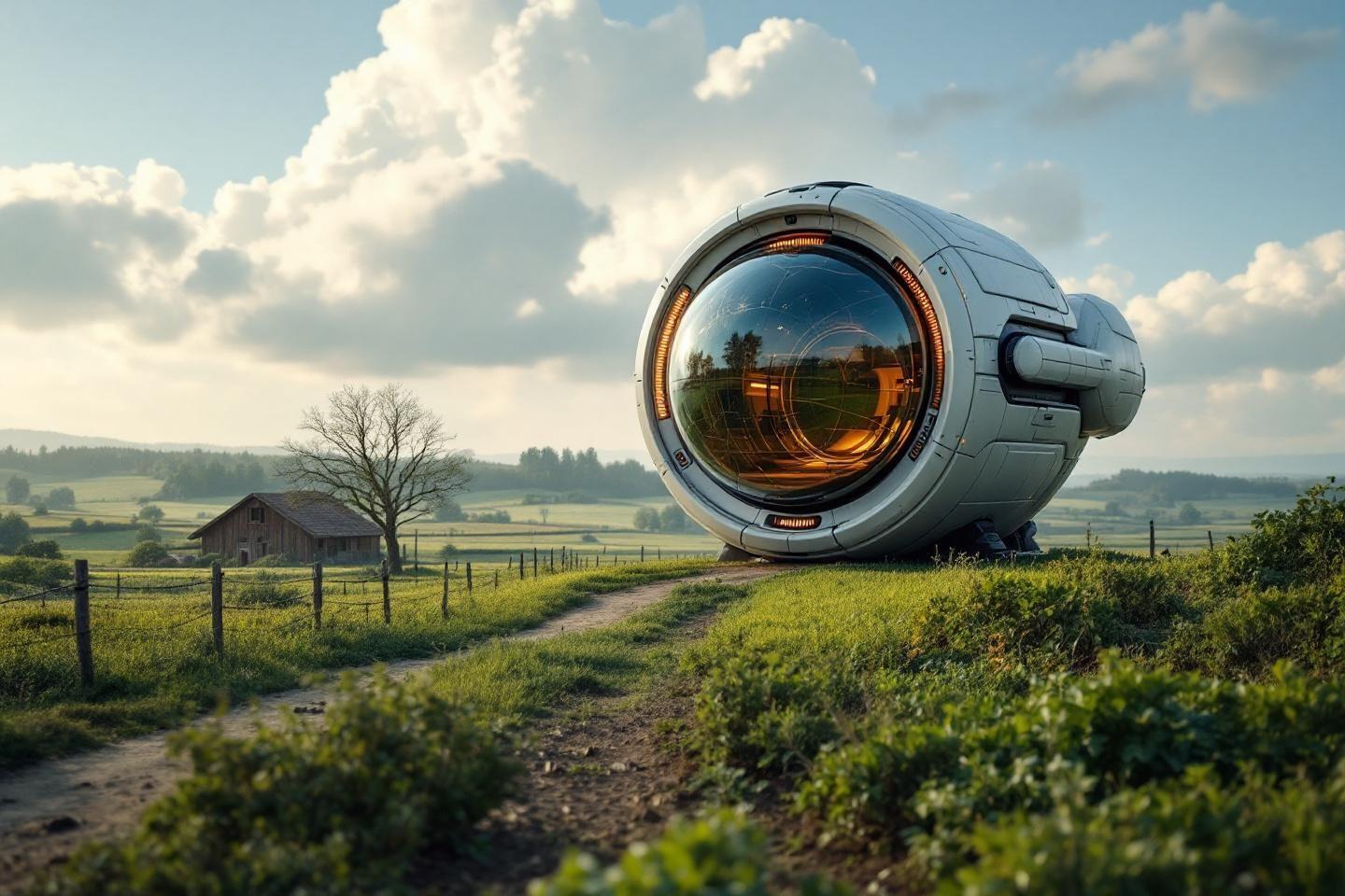 Vaisseau spatial sph&eacute;rique m&eacute;tallique dans un champ verdoyant