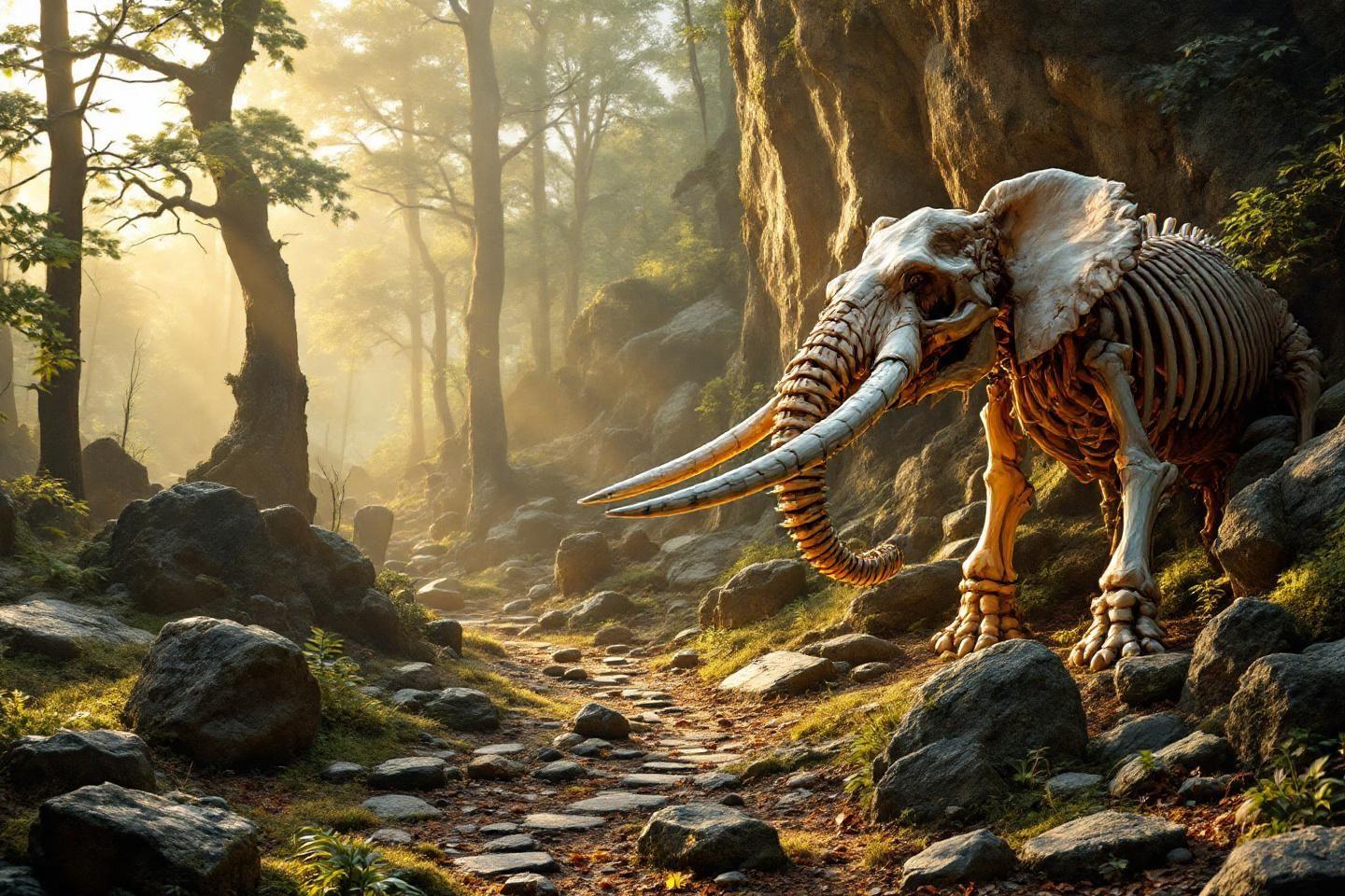 Squelette d'éléphant sur un chemin rocailleux dans une forêt brumeuse