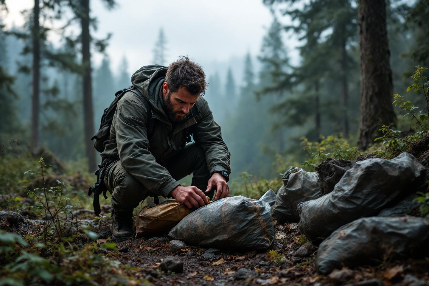 Randonneur avec sac &agrave; dos pr&eacute;parant du mat&eacute;riel dans une for&ecirc;t