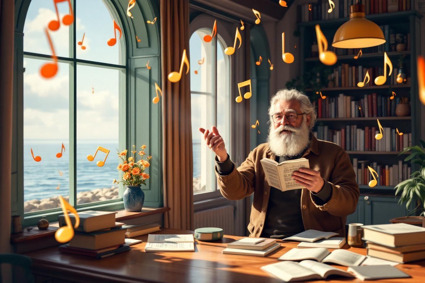 Homme &acirc;g&eacute; lisant, notes de musique flottant autour de lui